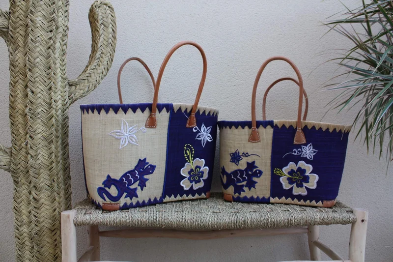 Panier Bleu brodé Rabane - Cabas Sac courses Anses Longues - 3 TAILLES - Marchés, courses, plage...