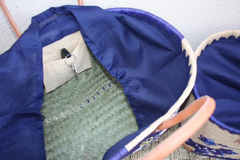 Panier Bleu brodé Rabane - Cabas Sac courses Anses Longues - 3 TAILLES - Marchés, courses, plage...