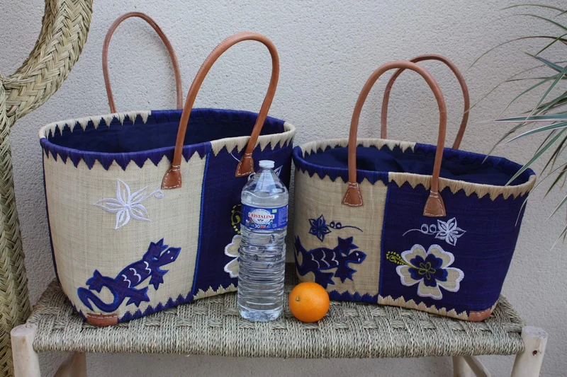 Panier Bleu brodé Rabane - Cabas Sac courses Anses Longues - 3 TAILLES - Marchés, courses, plage...