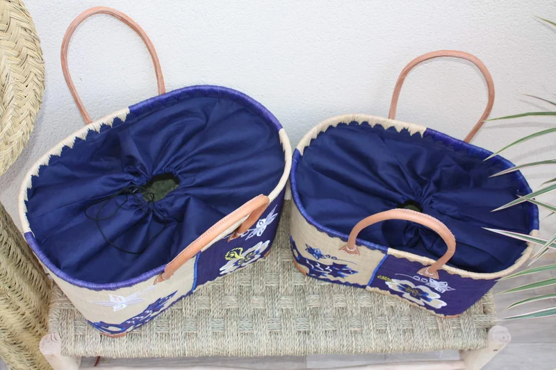 Panier Bleu brodé Rabane - Cabas Sac courses Anses Longues - 3 TAILLES - Marchés, courses, plage...