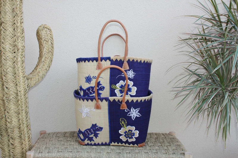 Panier Bleu brodé Rabane - Cabas Sac courses Anses Longues - 3 TAILLES - Marchés, courses, plage...
