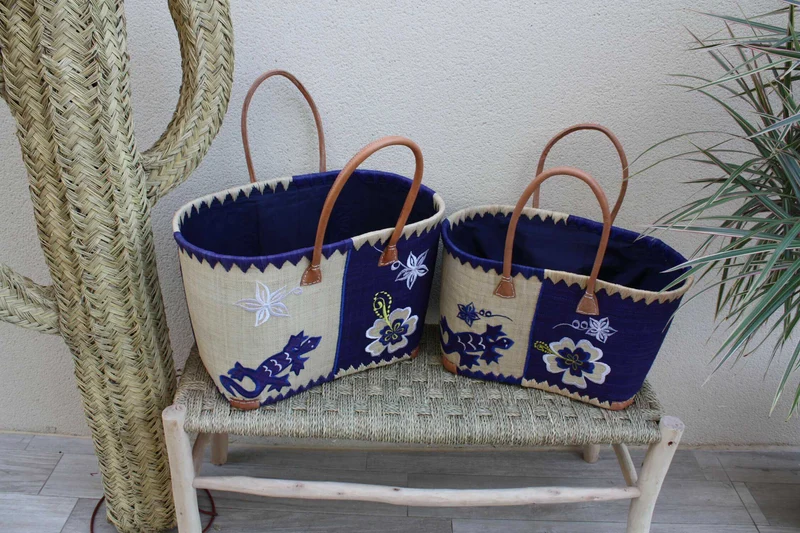 Panier Bleu brodé Rabane - Cabas Sac courses Anses Longues - 3 TAILLES - Marchés, courses, plage...