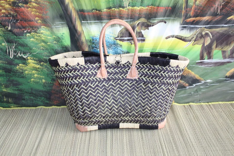 Sac Cabas de courses - PANIER de MADAGASCAR - Noir & Naturel - Tressé Main - 3 tailles au choix - marché plage osier paille
