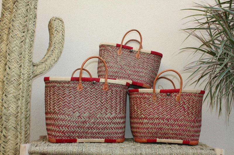 Sac Cabas de courses - PANIER de MADAGASCAR - Rouge & Naturel - Tressé Main - 3 tailles au choix - marché plage osier paille