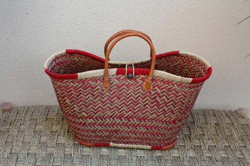 Sac Cabas de courses - PANIER de MADAGASCAR - Rouge & Naturel - Tressé Main - 3 tailles au choix - marché plage osier paille