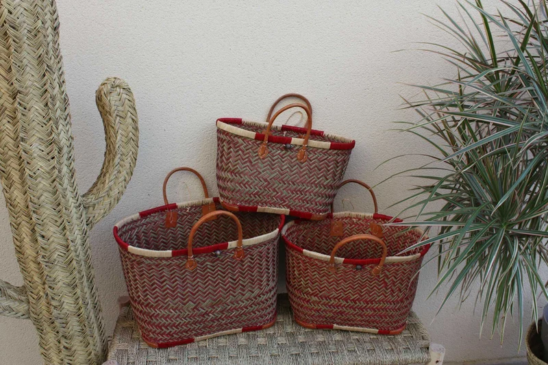Sac Cabas de courses - PANIER de MADAGASCAR - Rouge & Naturel - Tressé Main - 3 tailles au choix - marché plage osier paille