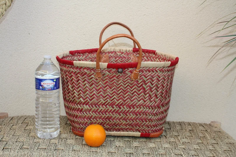 Sac Cabas de courses - PANIER de MADAGASCAR - Rouge & Naturel - Tressé Main - 3 tailles au choix - marché plage osier paille