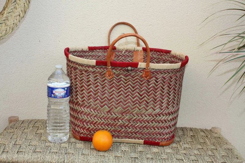 Sac Cabas de courses - PANIER de MADAGASCAR - Rouge & Naturel - Tressé Main - 3 tailles au choix - marché plage osier paille