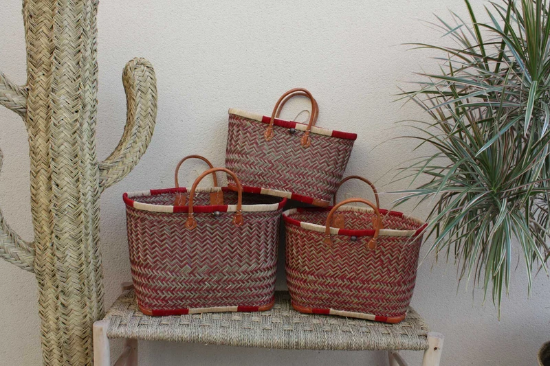 Sac Cabas de courses - PANIER de MADAGASCAR - Rouge & Naturel - Tressé Main - 3 tailles au choix - marché plage osier paille