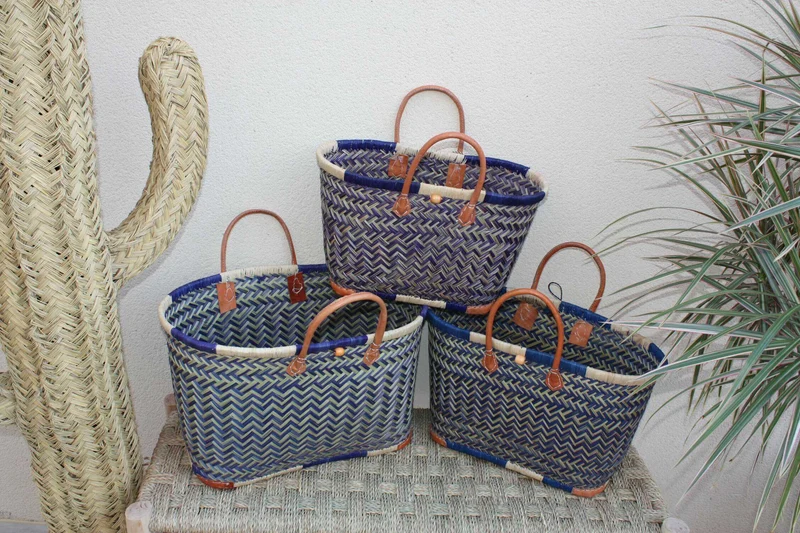 Sac Cabas de courses - PANIER de MADAGASCAR - Bleu & Naturel - Tressé Main - 3 tailles au choix - marché plage osier paille