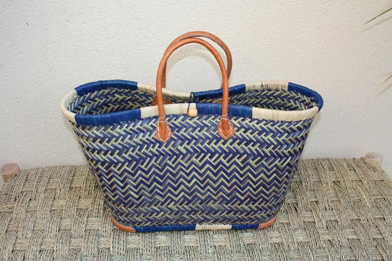 Sac Cabas de courses - PANIER de MADAGASCAR - Bleu & Naturel - Tressé Main - 3 tailles au choix - marché plage osier paille