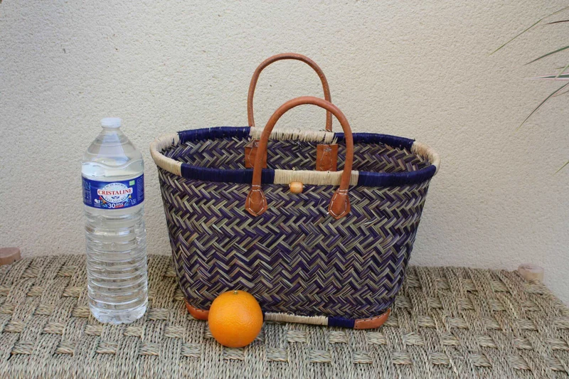 Sac Cabas de courses - PANIER de MADAGASCAR - Bleu & Naturel - Tressé Main - 3 tailles au choix - marché plage osier paille