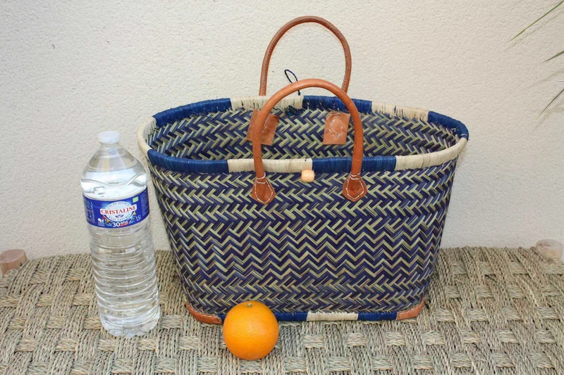 Sac Cabas de courses - PANIER de MADAGASCAR - Bleu & Naturel - Tressé Main - 3 tailles au choix - marché plage osier paille
