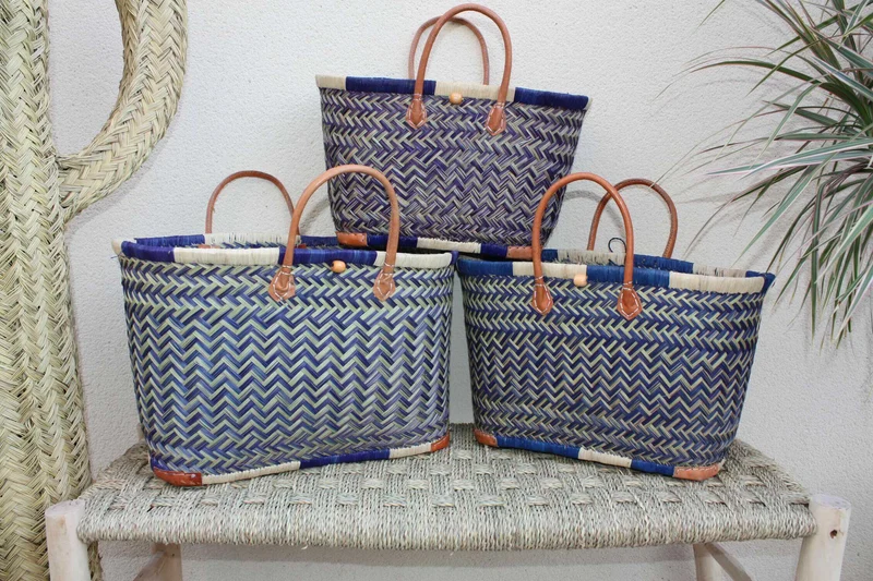 Sac Cabas de courses - PANIER de MADAGASCAR - Bleu & Naturel - Tressé Main - 3 tailles au choix - marché plage osier paille
