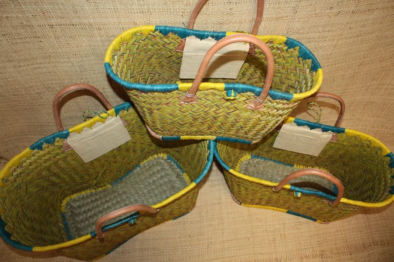 Beau panier à courses - MADAGASCAR - Sac Cabas Jaune & Turquoise - Tressé à la main - 3 tailles au choix - plage osier paille