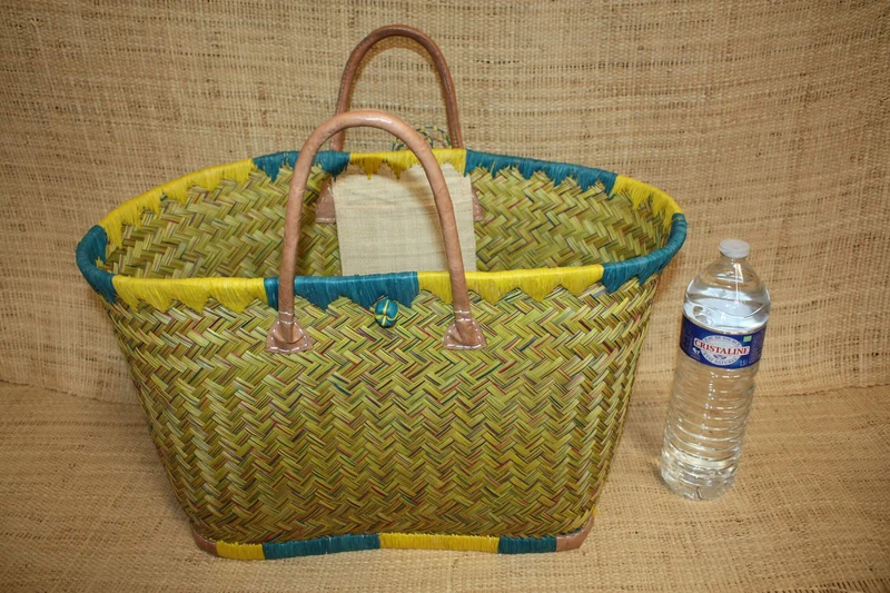Beau panier à courses - MADAGASCAR - Sac Cabas Jaune & Turquoise - Tressé à la main - 3 tailles au choix - plage osier paille
