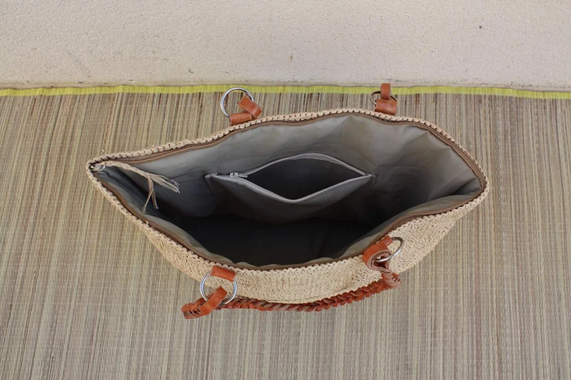 Sac CROCHET RAPHIA - Anses Tresses Cuir + Double Tressage + Pochette intérieure - 100% NATUREL - Fait Main - Artisanat Madagascar -