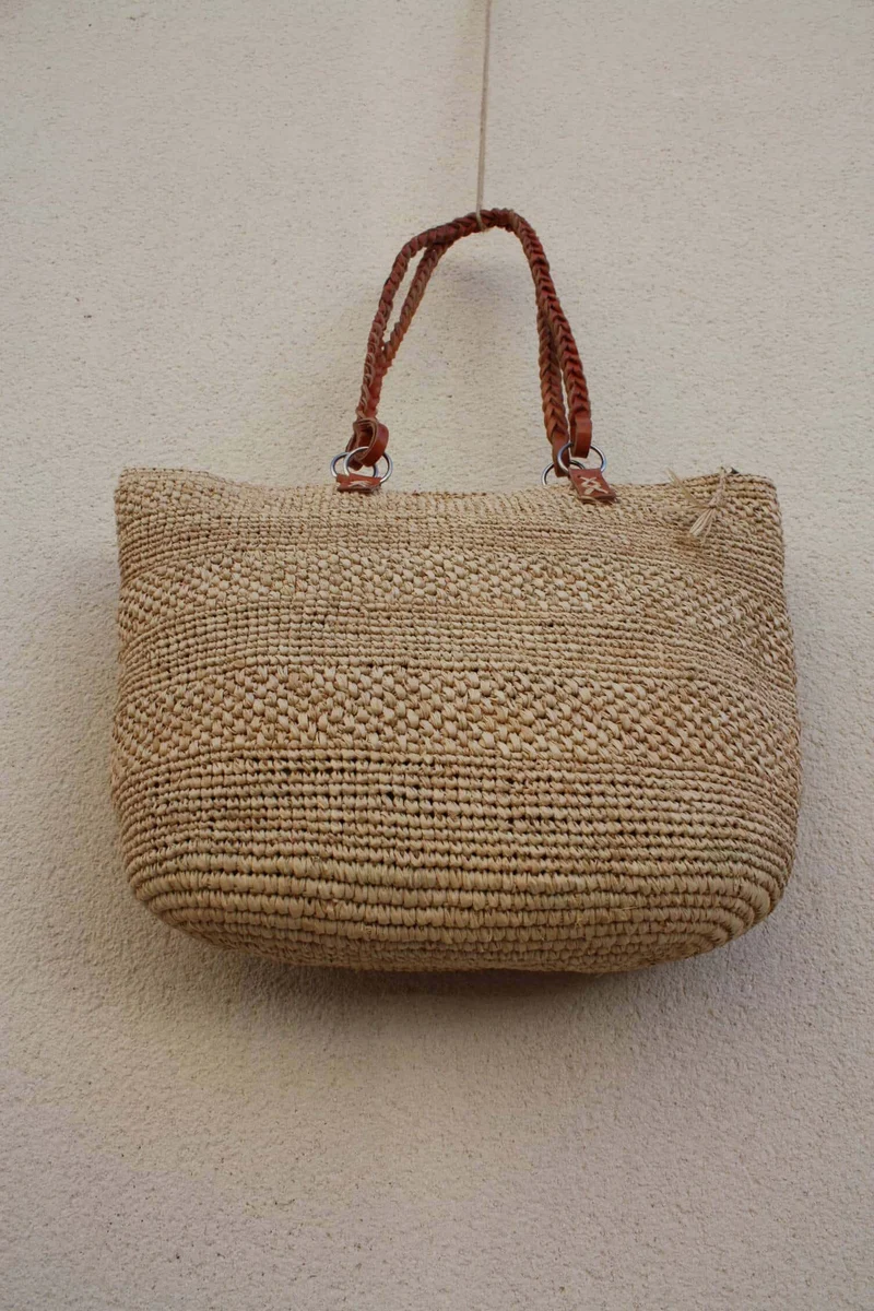 Sac CROCHET RAPHIA - Anses Tresses Cuir + Double Tressage + Pochette intérieure - 100% NATUREL - Fait Main - Artisanat Madagascar -