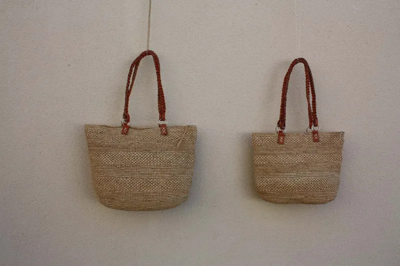 Sac CROCHET RAPHIA - Anses Tresses Cuir + Double Tressage + Pochette intérieure - 100% NATUREL - Fait Main - Artisanat Madagascar -