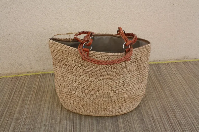 Sac CROCHET RAPHIA - Anses Tresses Cuir + Double Tressage + Pochette intérieure - 100% NATUREL - Fait Main - Artisanat Madagascar -
