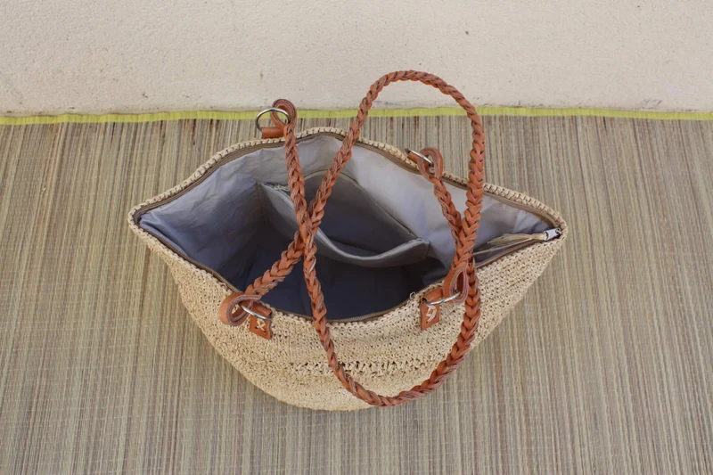 SAC CROCHET RAPHIA - Anses Tresses Cuir - Fond Rond - Poche intérieure - Naturel - Fait Main - Artisanat de Madagascar -