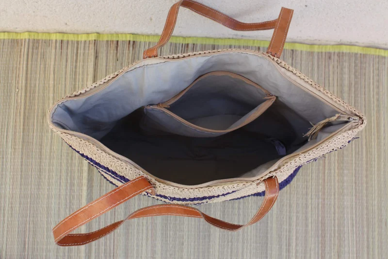 SAC CROCHET RAPHIA - Naturel & Bleu - Anses Longues - Tressé à la Main - Artisanat de Madagascar -
