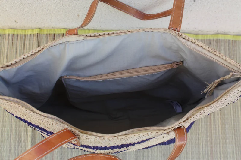 SAC CROCHET RAPHIA - Naturel & Bleu - Anses Longues - Tressé à la Main - Artisanat de Madagascar -