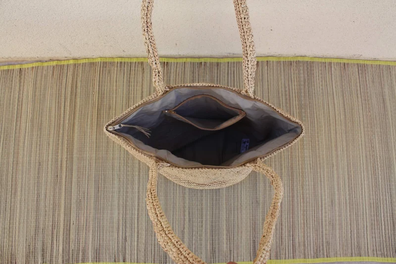 SAC CROCHET RAPHIA - Anses Longues Raphia - Intérieur Doublé avec Poche - Entièrement Fait Main - Artisanat Madagascar -