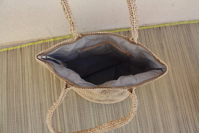 SAC CROCHET RAPHIA - Anses Longues Raphia - Intérieur Doublé avec Poche - Entièrement Fait Main - Artisanat Madagascar -