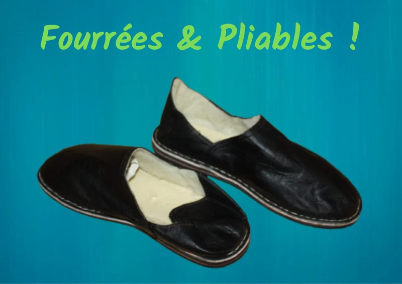 BABOUCHES NOIRES FOURRÉES - Polaire & Cuir - Chaleur et Confort - 100% Artisanal - Homme / Femme - Du 38 au 45 -