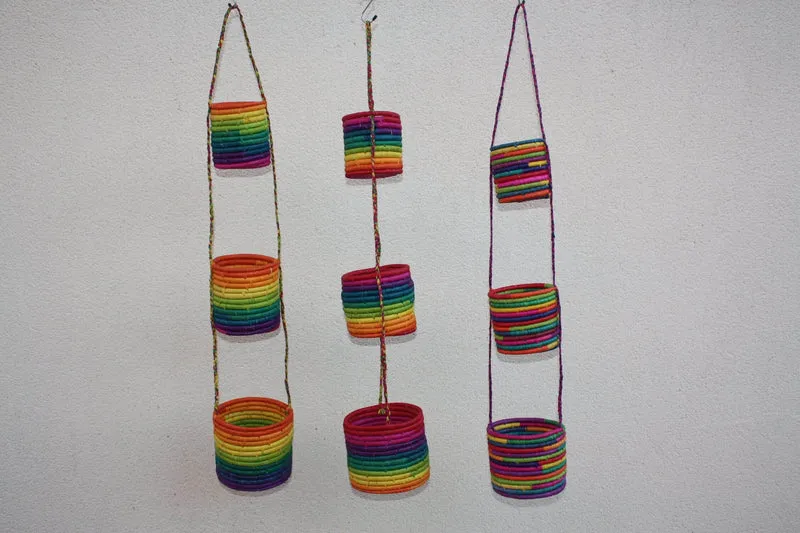 3 Paniers suspendus CROCHET RAPHIA - Naturel & Coloré - Porte épices, plantes, rangement ...
