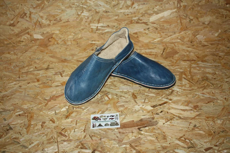 BABOUCHES BLEU FOURRÉES - Polaire & Cuir - Chaleur et Confort - 100% Artisanal - Homme / Femme - Du 38 au 45 -