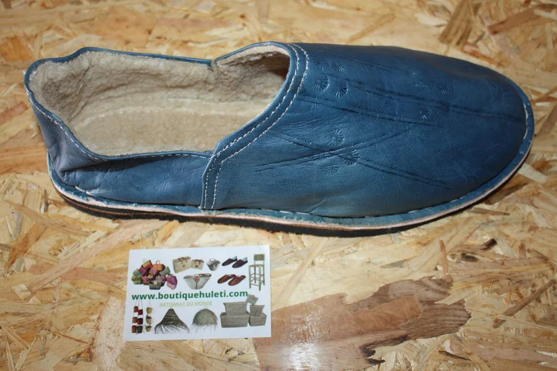 BABOUCHES BLEU FOURRÉES - Polaire & Cuir - Chaleur et Confort - 100% Artisanal - Homme / Femme - Du 38 au 45 -