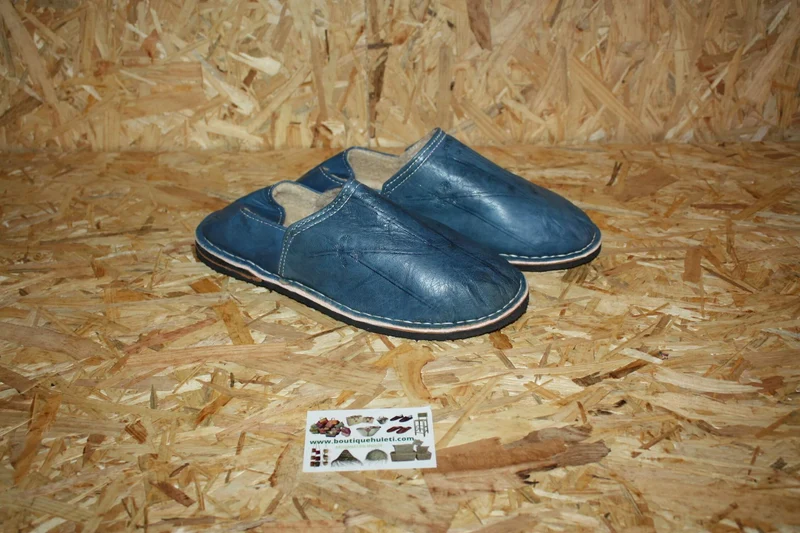 BABOUCHES BLEU FOURRÉES - Polaire & Cuir - Chaleur et Confort - 100% Artisanal - Homme / Femme - Du 38 au 45 -