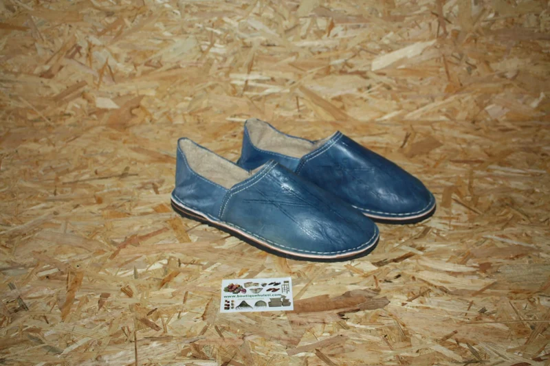 BABOUCHES BLEU FOURRÉES - Polaire & Cuir - Chaleur et Confort - 100% Artisanal - Homme / Femme - Du 38 au 45 -