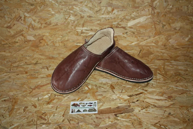 BABOUCHES MARRON FOURRÉES - Polaire & Cuir - Chaleur et Confort - 100% Artisanal - Homme / Femme - Du 38 au 45 -