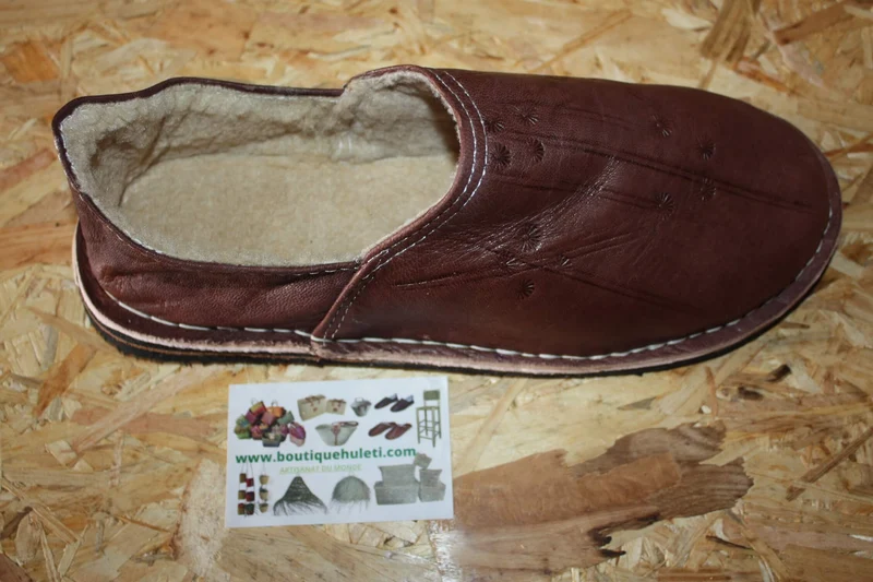 BABOUCHES MARRON FOURRÉES - Polaire & Cuir - Chaleur et Confort - 100% Artisanal - Homme / Femme - Du 38 au 45 -