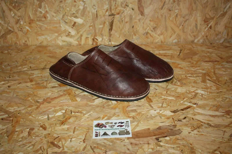 BABOUCHES MARRON FOURRÉES - Polaire & Cuir - Chaleur et Confort - 100% Artisanal - Homme / Femme - Du 38 au 45 -