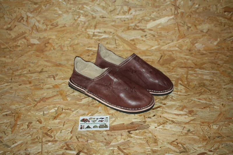 BABOUCHES MARRON FOURRÉES - Polaire & Cuir - Chaleur et Confort - 100% Artisanal - Homme / Femme - Du 38 au 45 -