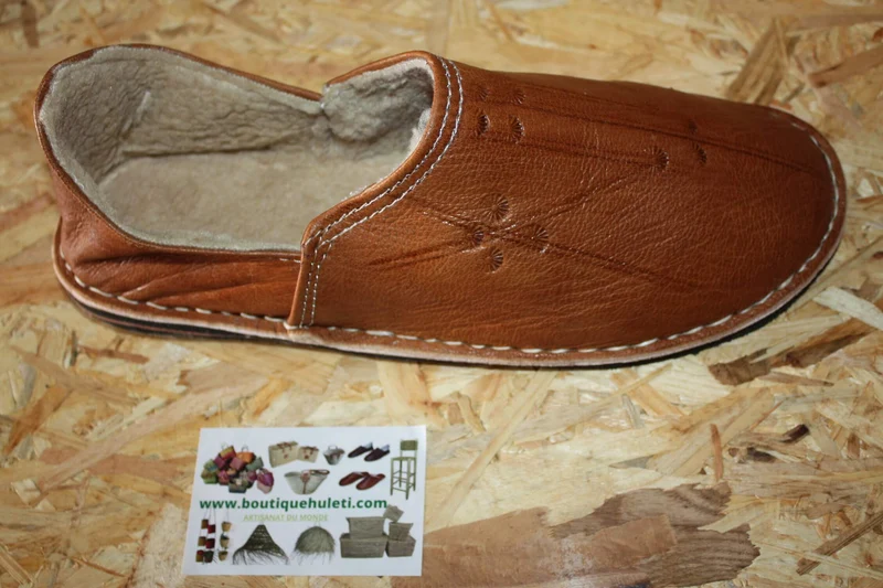 BABOUCHES CAMEL FOURRÉES - Polaire & Cuir - Chaleur et Confort - 100% Artisanal - Homme / Femme - Du 38 au 45 -
