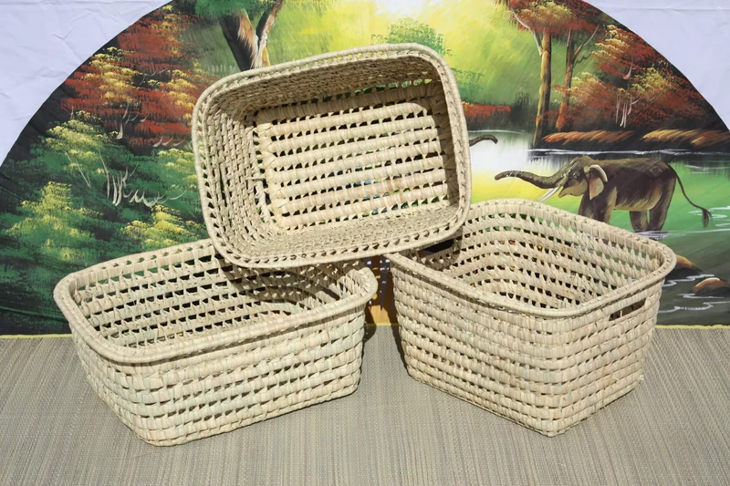 CORBEILLE PANIER de rangement rectangle - 100% NATUREL en Palmier - Coffre bac osier rotin