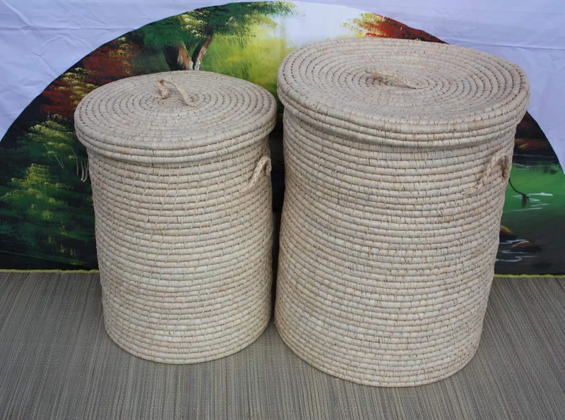 GRAND Panier à linge XXL Rond - Tessé Main en Raphia - 2 TAILLES au choix - Corbeille avec couvercle - osier paille rotin -