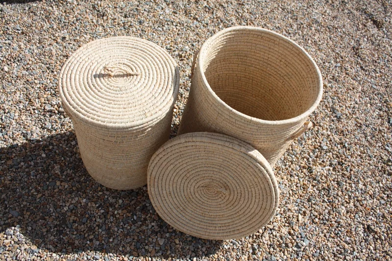 GRAND Panier à linge XXL Rond - Tessé Main en Raphia - 2 TAILLES au choix - Corbeille avec couvercle - osier paille rotin -