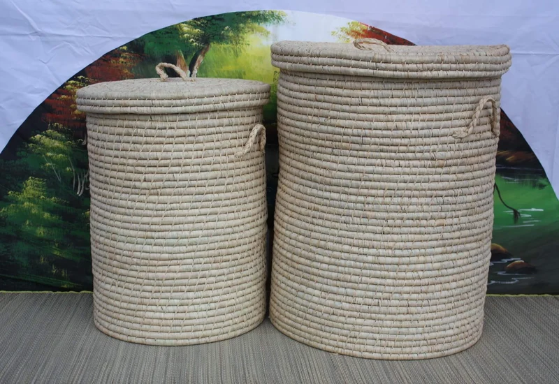 GRAND Panier à linge XXL Rond - Tessé Main en Raphia - 2 TAILLES au choix - Corbeille avec couvercle - osier paille rotin -