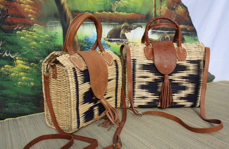 Panier Sac à Main Bleu Bandoulière - FERMETURE RABAT MAGNÉTIQUE - Naturel & Bleu - Huléti -