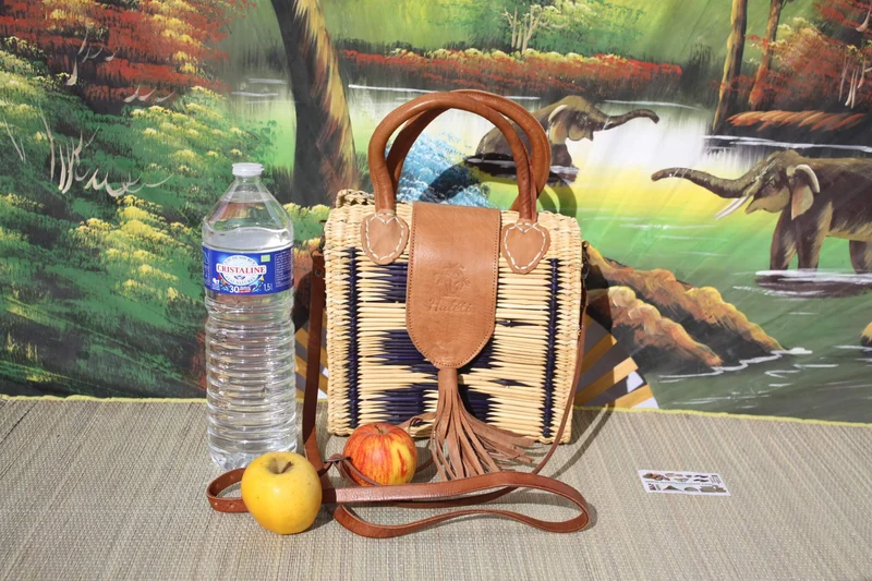 Panier Sac à Main Bleu Bandoulière - FERMETURE RABAT MAGNÉTIQUE - Naturel & Bleu - Huléti -