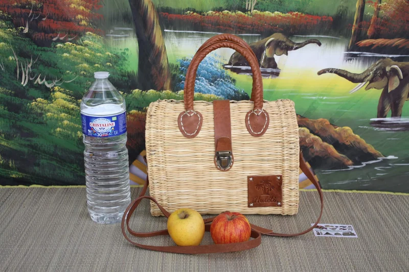 Panier Sac à Main Bandoulière - FERMETURE VALISE - Fibre Naturelle + Cuir - Huléti -
