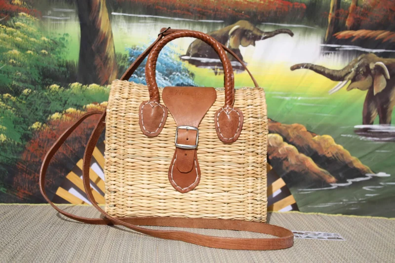 Panier Sac à Main Bandoulière - FERMETURE BOUCLE - Naturel & Cuir - Huléti -