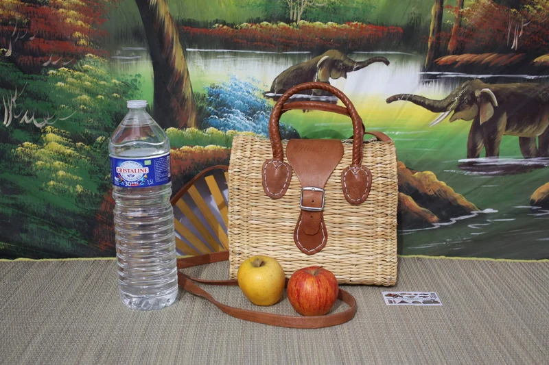 Panier Sac à Main Bandoulière - FERMETURE BOUCLE - Naturel & Cuir - Huléti -