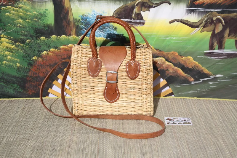Panier Sac à Main Bandoulière - FERMETURE BOUCLE - Naturel & Cuir - Huléti -